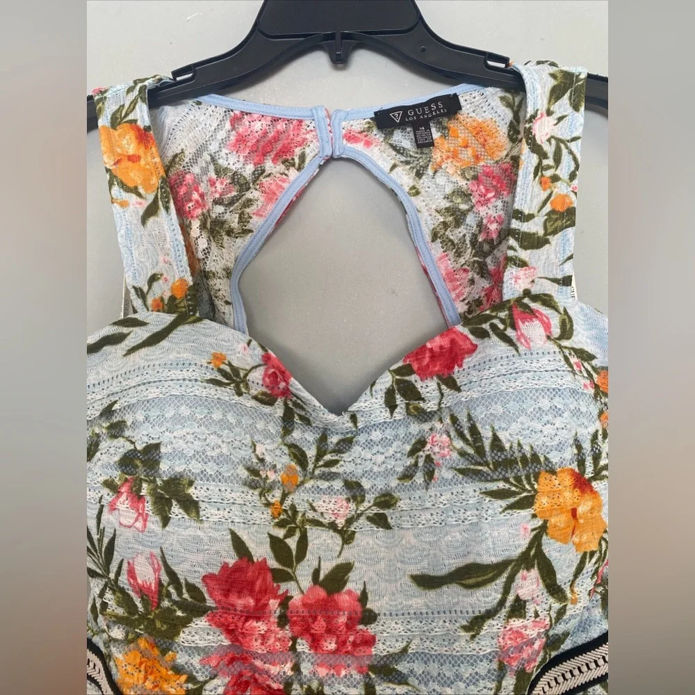 Guess Blue Lace Floral Mini Bodycon Dress Keyhole Back Sleeveles Lattice Size 14 - Picture 7 of 12
